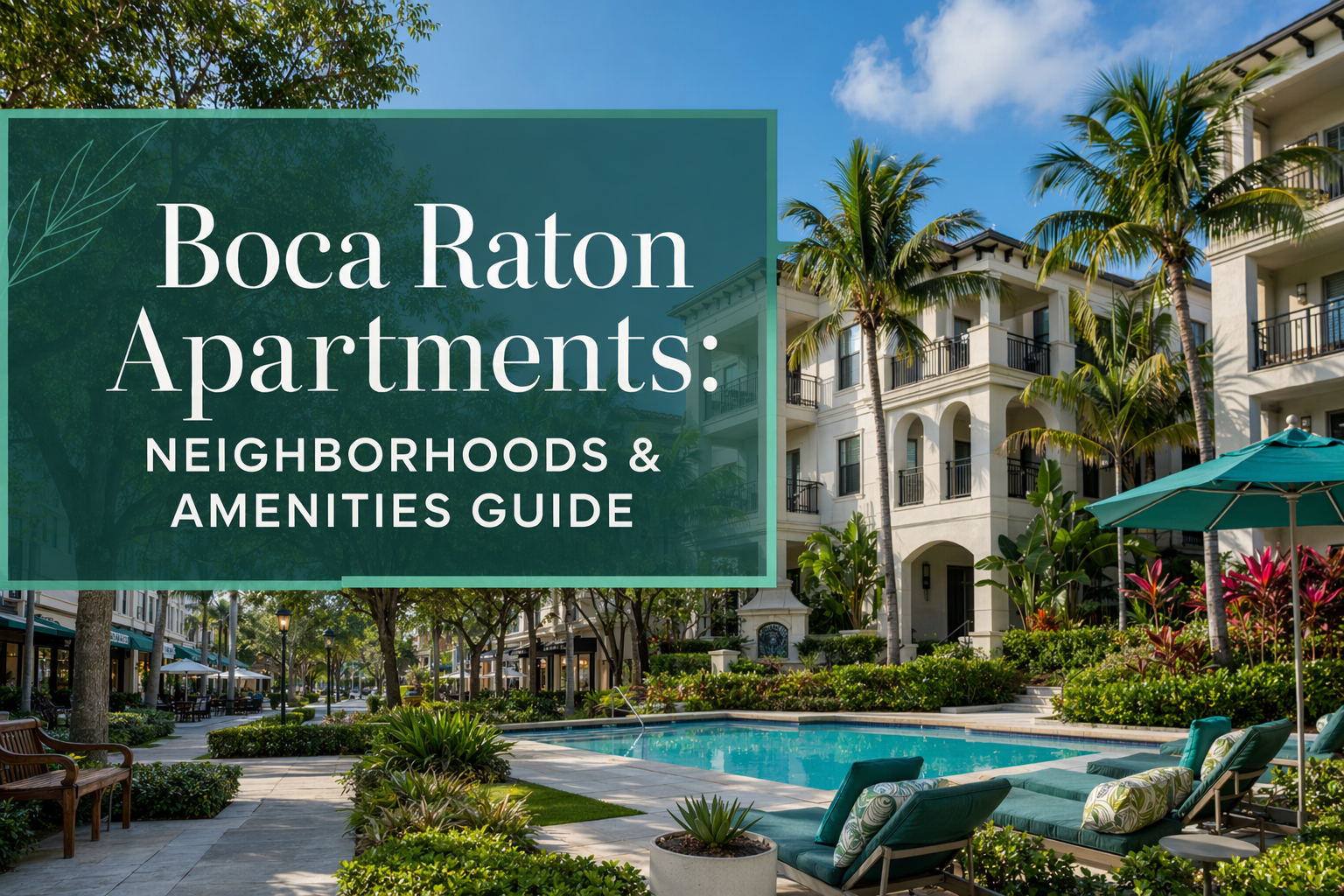 Luxury apartment complex with palm trees, a pool, lounge chairs, and umbrellas under a blue sky. Text overlay reads: “Boca Raton Apartments: Neighborhoods & Amenities Guide.”.