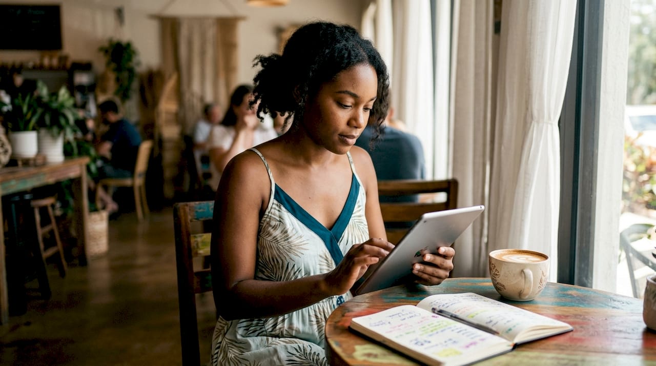 Woman setting up electronic rent payment on tablet