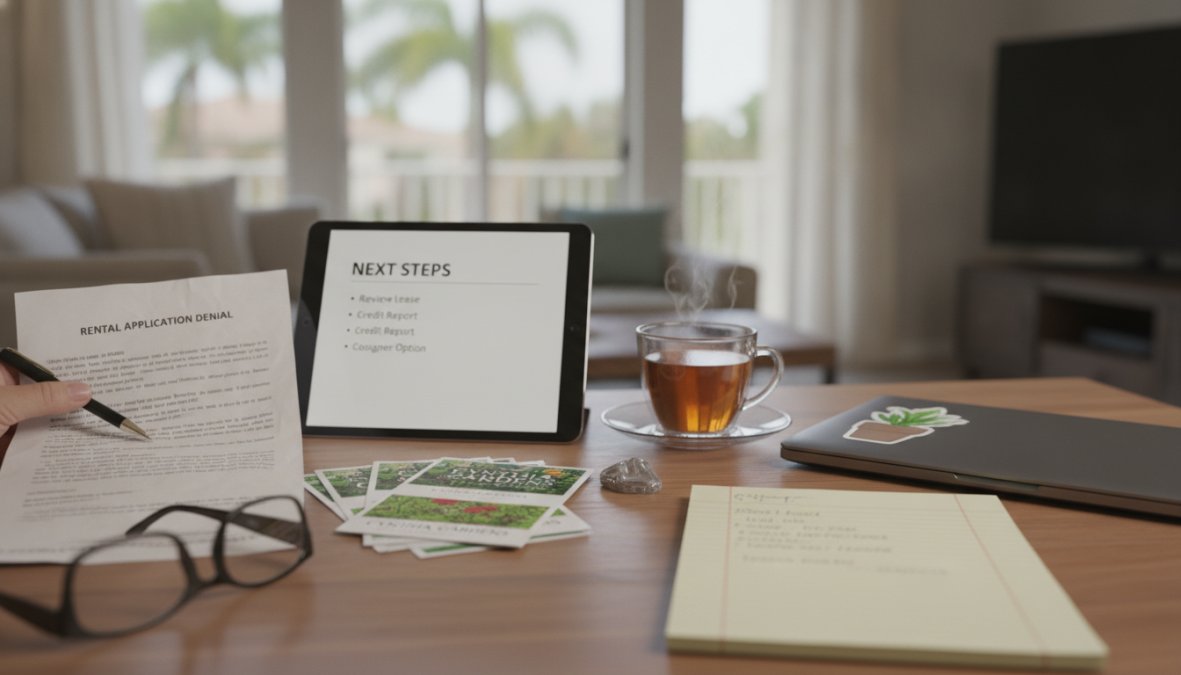A person fills out a rental application at a table with a tablet showing "Next Steps," perhaps researching how to handle apartment rental application denial. The table is set with a cup of tea, glasses, notepad, laptop, and plant postcards. In the background, a living room with sofas and bright windows creates an inviting atmosphere.