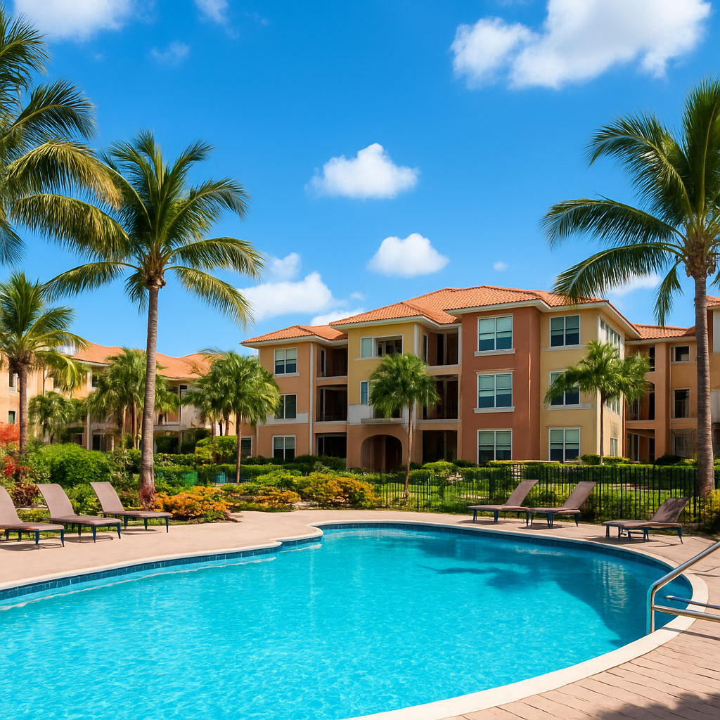 A sunny outdoor pool area with lounge chairs, palm trees, and landscaped gardens, surrounded by modern three-story apartment buildings with terracotta roofs under a bright blue sky.