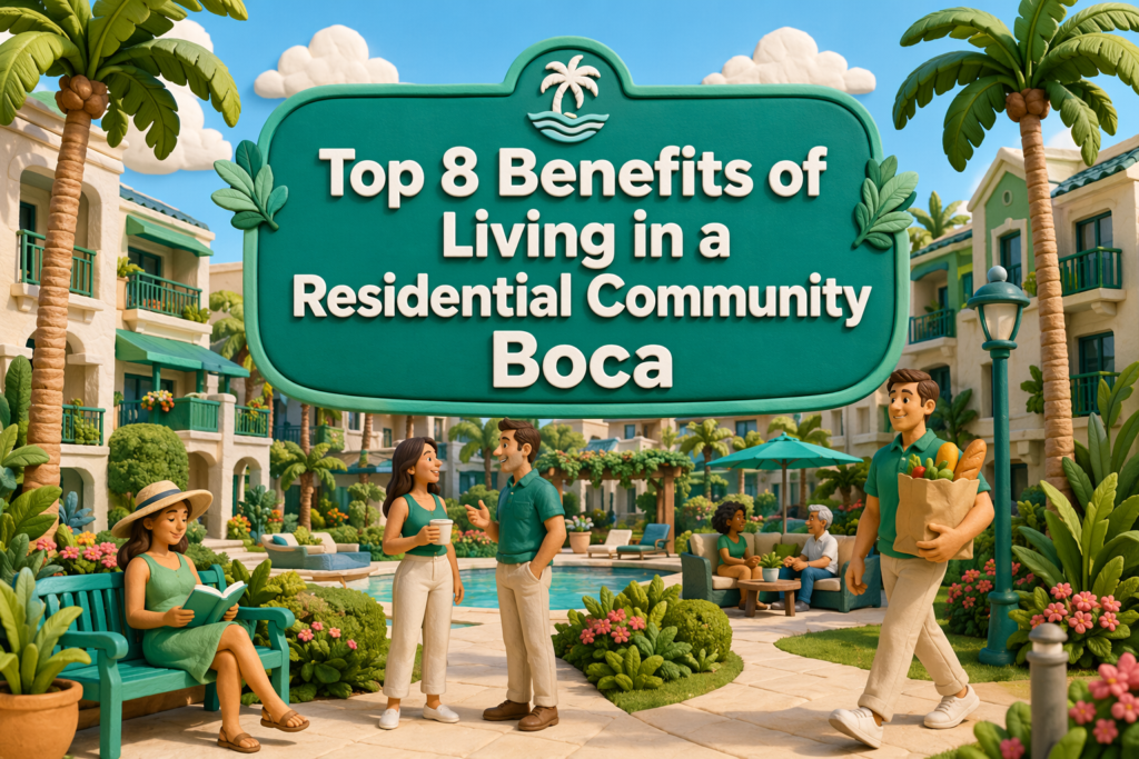 People in a sunny residential community with palm trees, a pool, and apartments. A large sign reads, “Top 8 Benefits of Living in a Residential Community Boca.”.