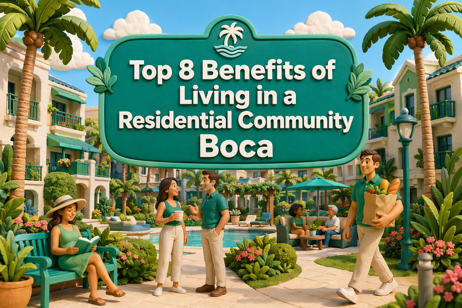People in a sunny residential community with palm trees, a pool, and apartments. A large sign reads, “Top 8 Benefits of Living in a Residential Community Boca.”.