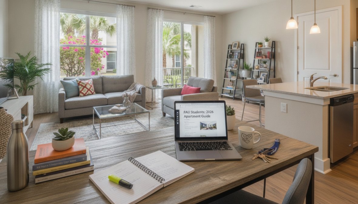 A modern, bright apartment living room with two gray sofas, a desk with a laptop and notebook, and a kitchen area—perfect for those seeking the best apartments for FAU students. Large windows let in sunlight, with tropical plants outside and stylish décor inside.