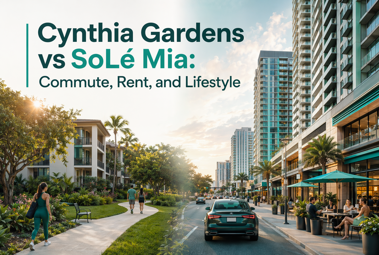 Modern city street with tall apartment buildings, palm trees, cars, pedestrians, and outdoor dining. Text reads: "Cynthia Gardens vs Sole Mia: Commute, Rent, and Lifestyle.