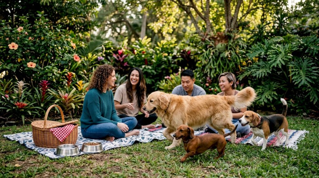 Pet owners socializing with dogs in sunny park