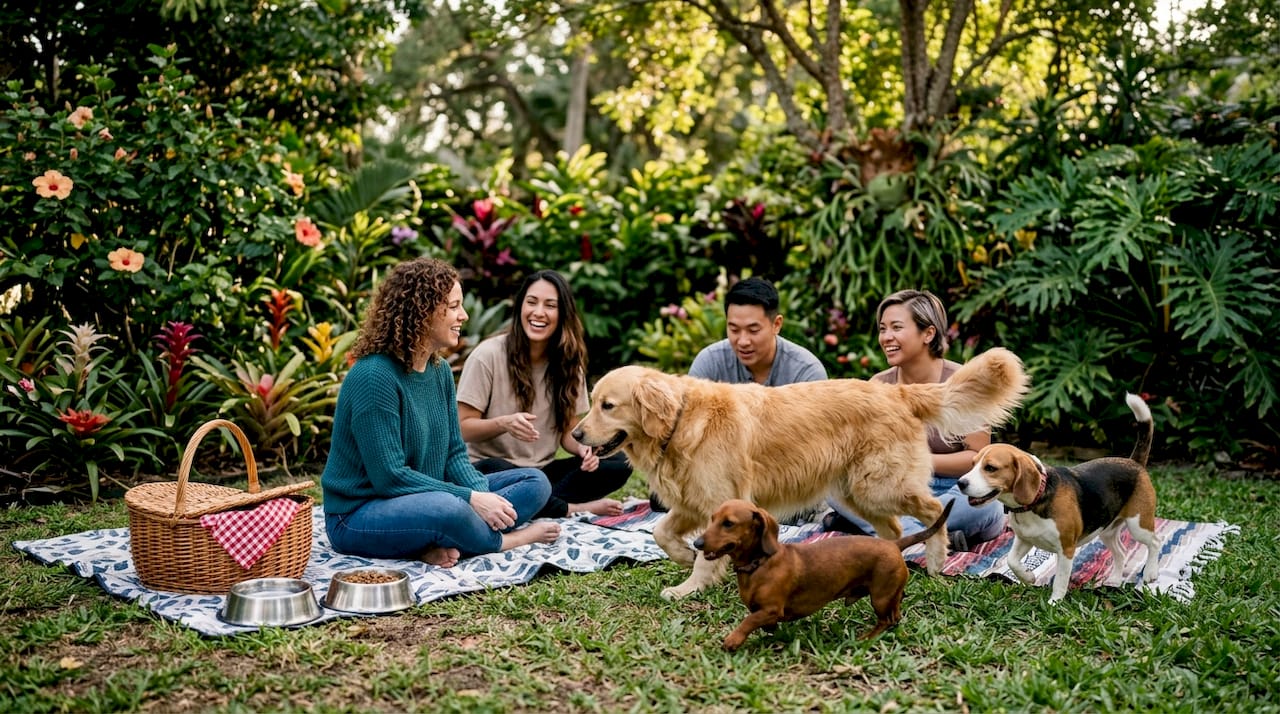Pet owners socializing with dogs in sunny park