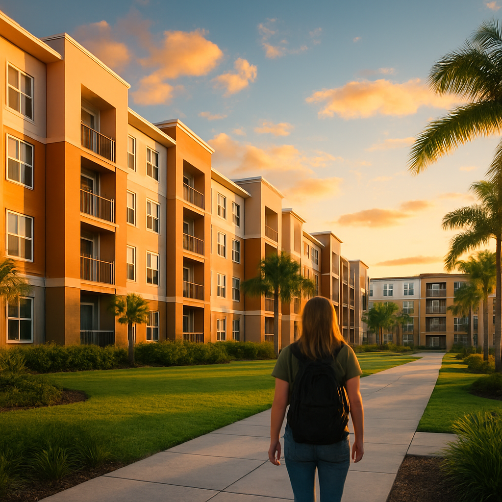 A person with a backpack walks along a sidewalk toward modern apartment buildings, surrounded by palm trees and green lawns, at sunset.