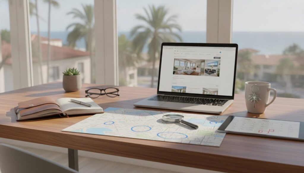 A desk by a window with a laptop, notebook, glasses, mug, plant, calendar, and map with a magnifying glass—perhaps researching how to find long term rentals in Boca Raton; palm trees and the ocean are visible outside.