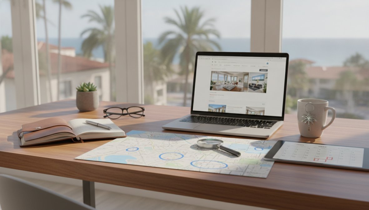 A desk by a window with a laptop, notebook, glasses, mug, plant, calendar, and map with a magnifying glass—perhaps researching how to find long term rentals in Boca Raton; palm trees and the ocean are visible outside.