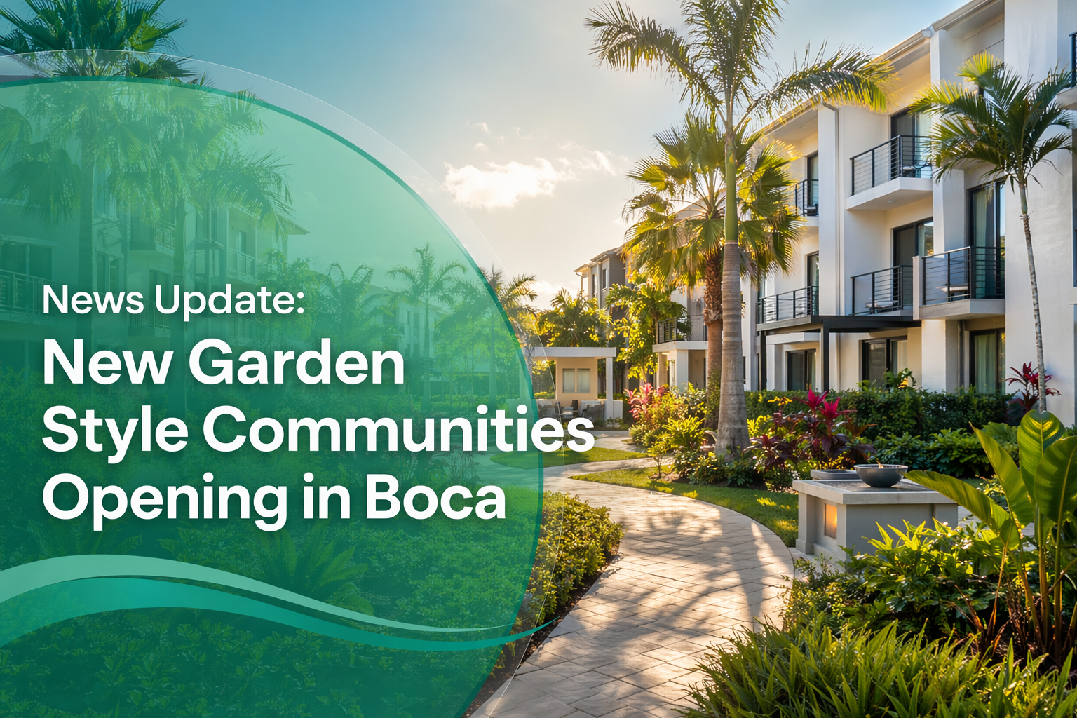 A modern apartment complex with lush gardens, palm trees, and a winding path. Text overlay reads: "News Update: New Garden Style Communities Opening in Boca.