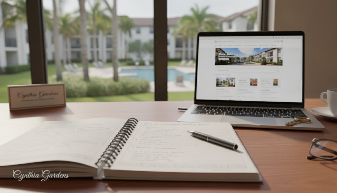 A desk with an open notebook, a pen, a laptop displaying images of an apartment complex, a nameplate reading "Cynthia Gardens," and a cup of coffee. The window shows a pool and palm trees outside—an inviting scene for anyone focused on finding affordable housing in Boca.