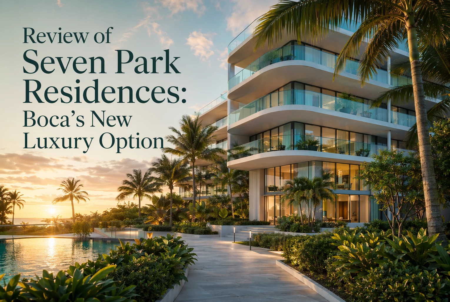Modern luxury condo building with glass balconies, palm trees, and a pool at sunset. Text reads: "Review of Seven Park Residences: Boca’s New Luxury Option.