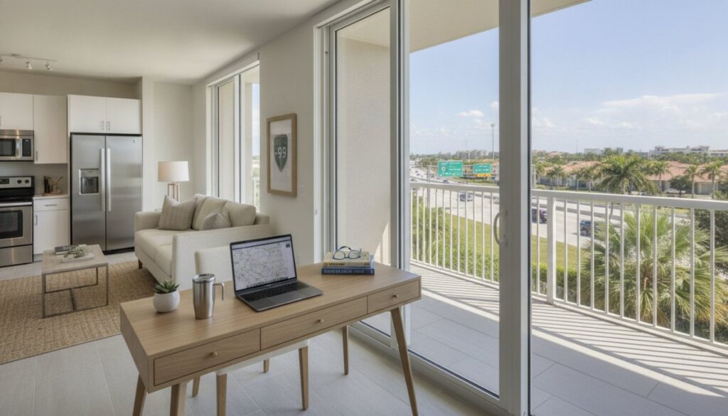 Bright modern apartment with a desk, laptop, and plant by large windows. There's a sofa, kitchen area, and balcony overlooking palm trees and the highway—perfect for those seeking apartments near I-95 Boca Raton. Sunlight fills the space, creating an airy, inviting atmosphere.