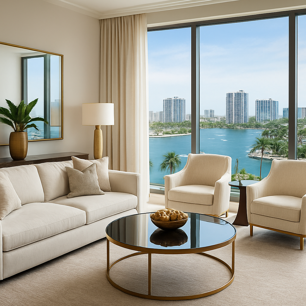 Modern living room with beige furniture, a round glass coffee table, and large window showing a city skyline across water with tall buildings. A potted plant and a lamp are on the side table.