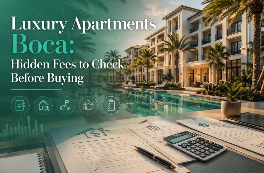 Paperwork, calculator, and pen on a table beside a pool, with palm trees and luxury apartment buildings in the background. Text reads: “Luxury Apartments Boca: Hidden Fees to Check Before Buying.” Icons appear at the bottom.