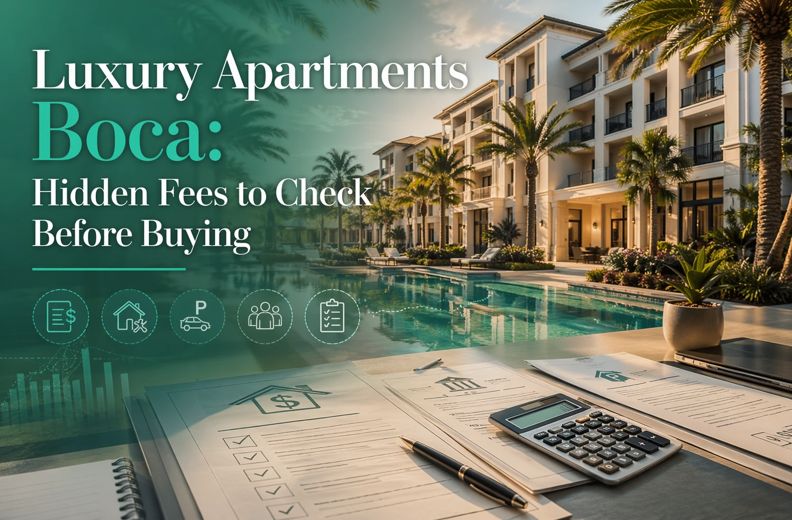 Paperwork, calculator, and pen on a table beside a pool, with palm trees and luxury apartment buildings in the background. Text reads: “Luxury Apartments Boca: Hidden Fees to Check Before Buying.” Icons appear at the bottom.