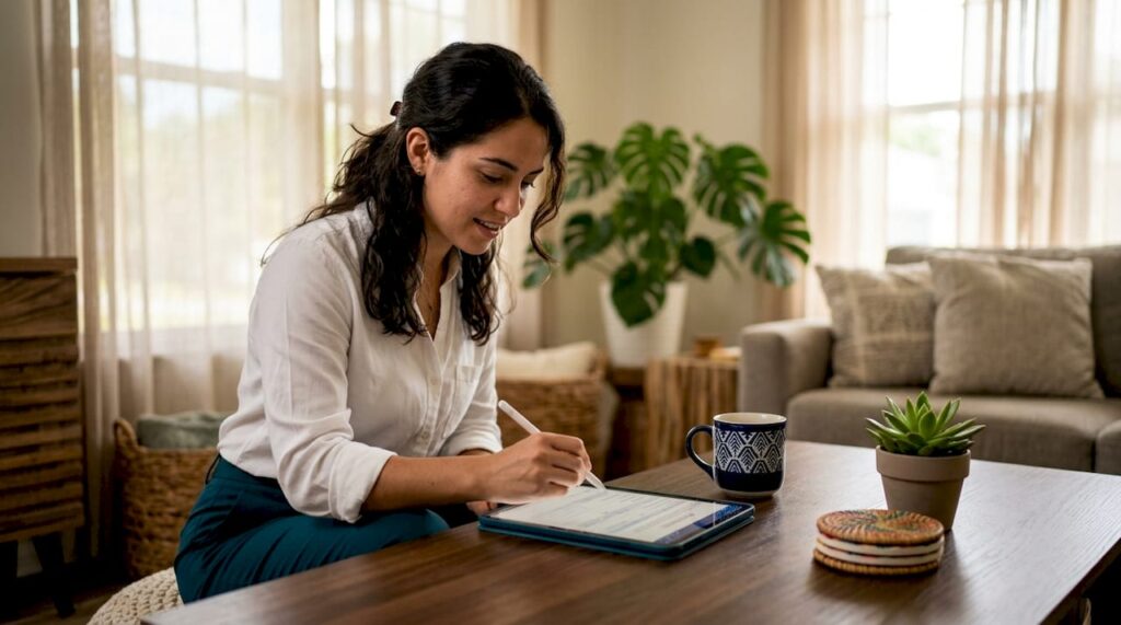 Person digitally signing lease on tablet