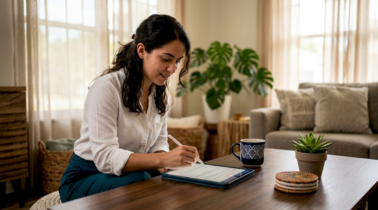 Person digitally signing lease on tablet