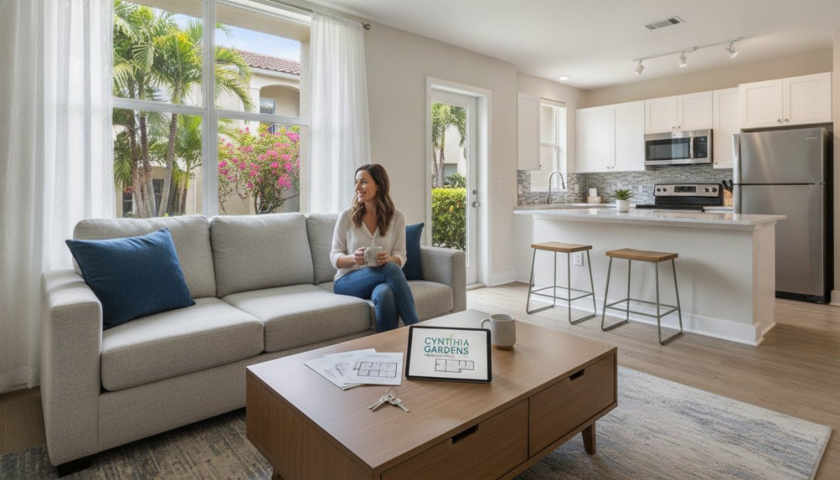 A woman sits on a light gray sofa, holding a mug, in a bright living room with large windows, a coffee table, and an open kitchen with barstools. A “Cynthia Gardens” sign is on the table, hinting at affordable alternatives Boca Raton has to offer for stylish and comfortable living.