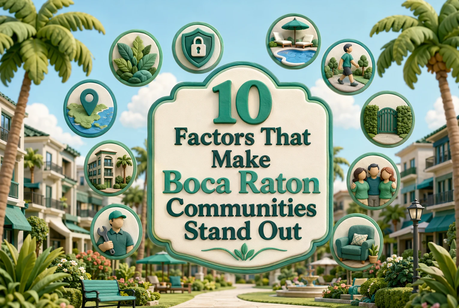 Illustration with text: "10 Factors That Make Boca Raton Communities Stand Out," surrounded by icons of people, palm trees, maps, homes, and outdoor amenities, set in a lush, sunny neighborhood scene.