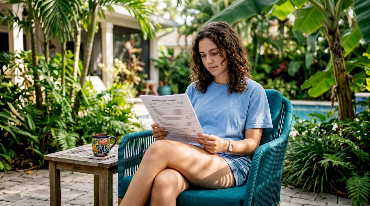 Student reviewing lease documents at desk