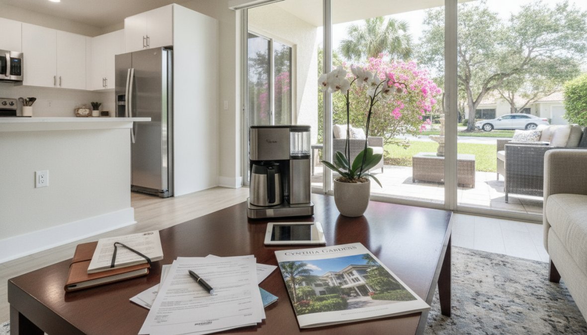 A coffee table with papers, a pen, a coffee maker, and a potted orchid sits in a bright living room with sliding glass doors opening to a patio and a garden with blooming flowers—a serene scene that might prompt visitors to wonder, is it expensive to live in Boca Raton?.