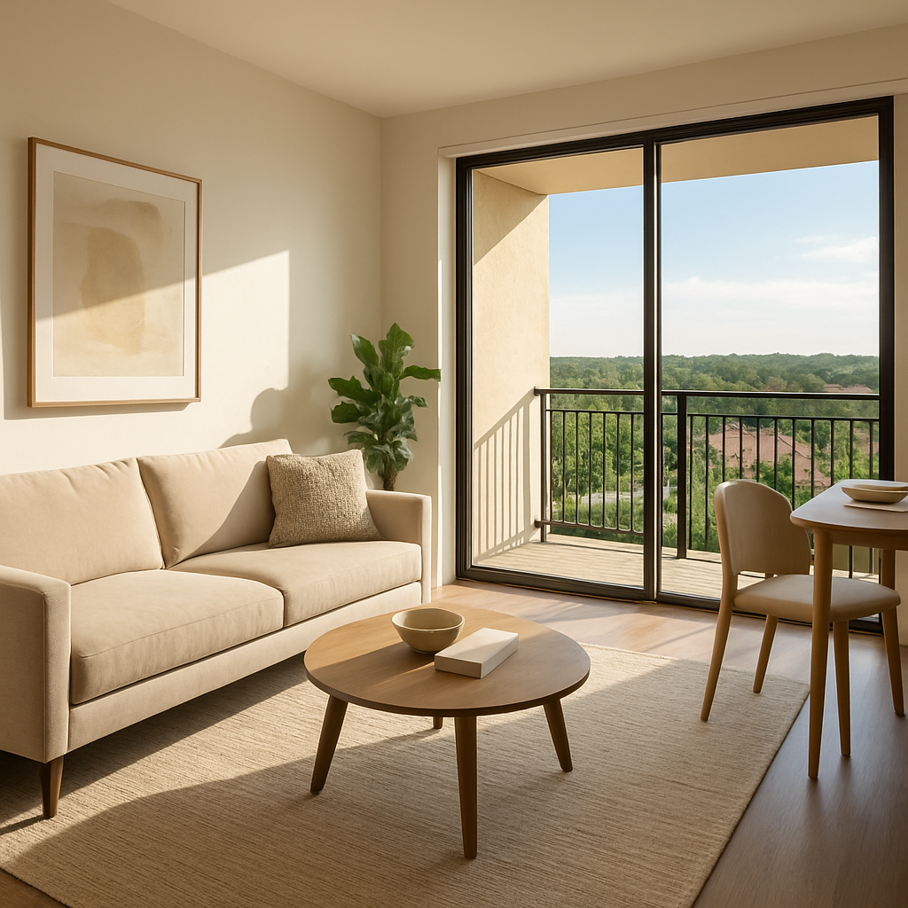 A modern living room with a beige sofa, round wooden coffee table, dining set, large window, balcony, and a view of greenery outside. Neutral tones and minimal décor create a calm, bright atmosphere.