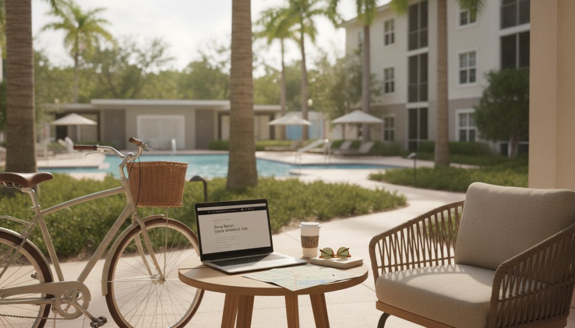 A laptop, coffee cup, map, and bicycle sit on a patio table next to a chair, overlooking a pool and palm trees outside an apartment complex on a sunny day—a perfect snapshot of living without a car in Boca Raton.