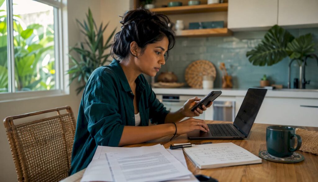 Renter using phone and laptop at kitchen table