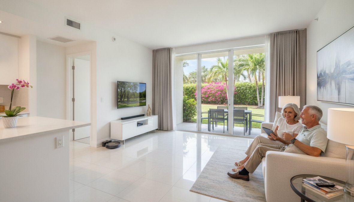 An older couple sits on a white sofa in a bright living room, enjoying maintenance free living as they look at a tablet. Large windows reveal a sunny patio with flowers and palm trees.