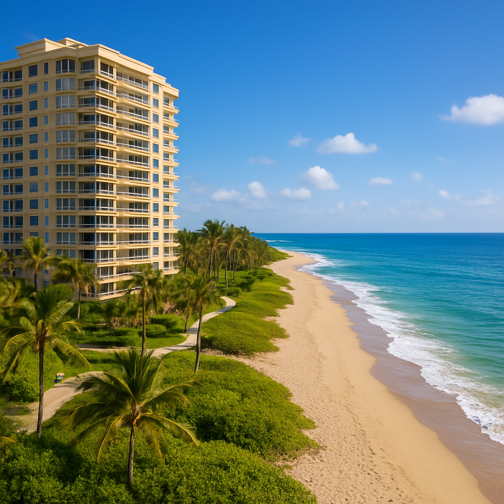 A tall beachfront condominium stands beside a sandy beach lined with palm trees, with clear blue sky and turquoise ocean waves gently rolling onto the shore.