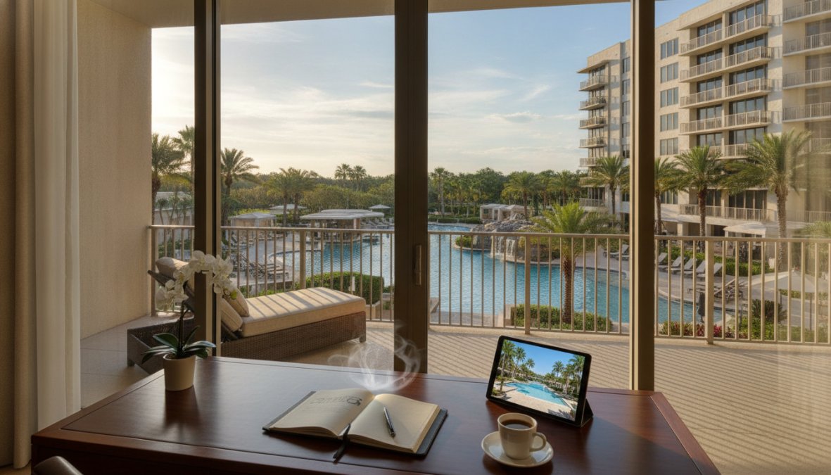 A desk with a notebook, pen, tablet, and cup of coffee overlooks a sunny balcony with a pool, lounge chair, palm trees, and luxury apartments with resort amenities in the background.