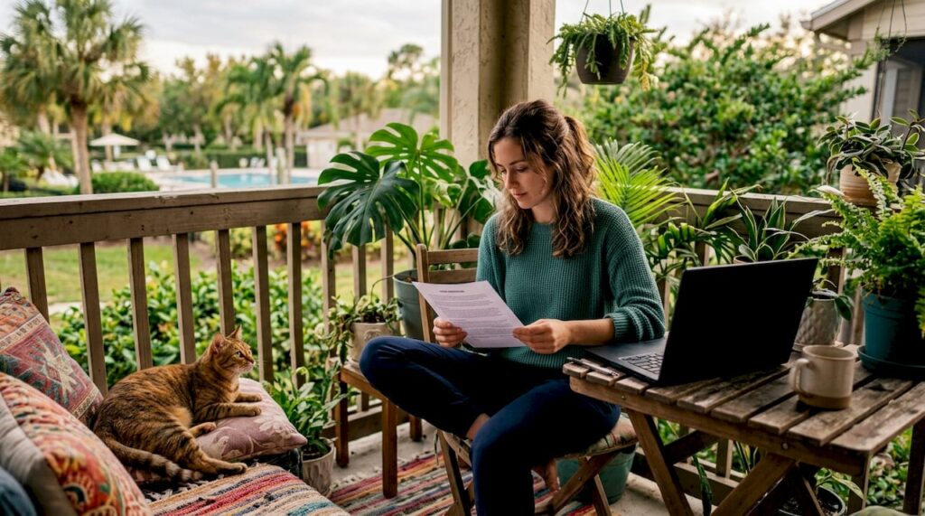 Woman reading cat-friendly lease documents in apartment