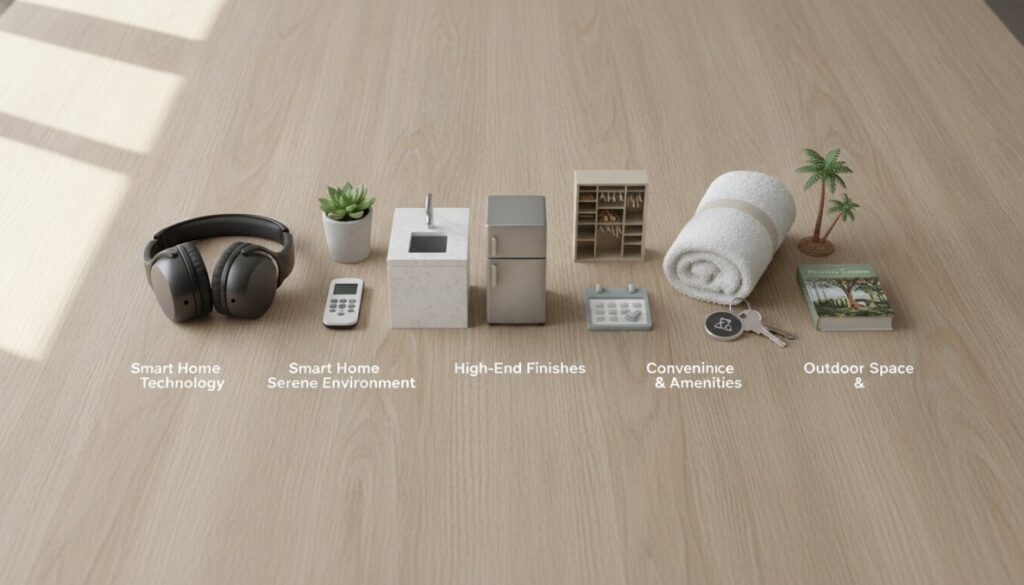 A row of miniature objects—headphones, remote, sink, fridge, shelves, towel, keys, tiny palm tree, and book—each labeled with features like technology, amenities, finishes, and outdoor space—showcases the 5 best apartment features for easy living on a wooden surface.