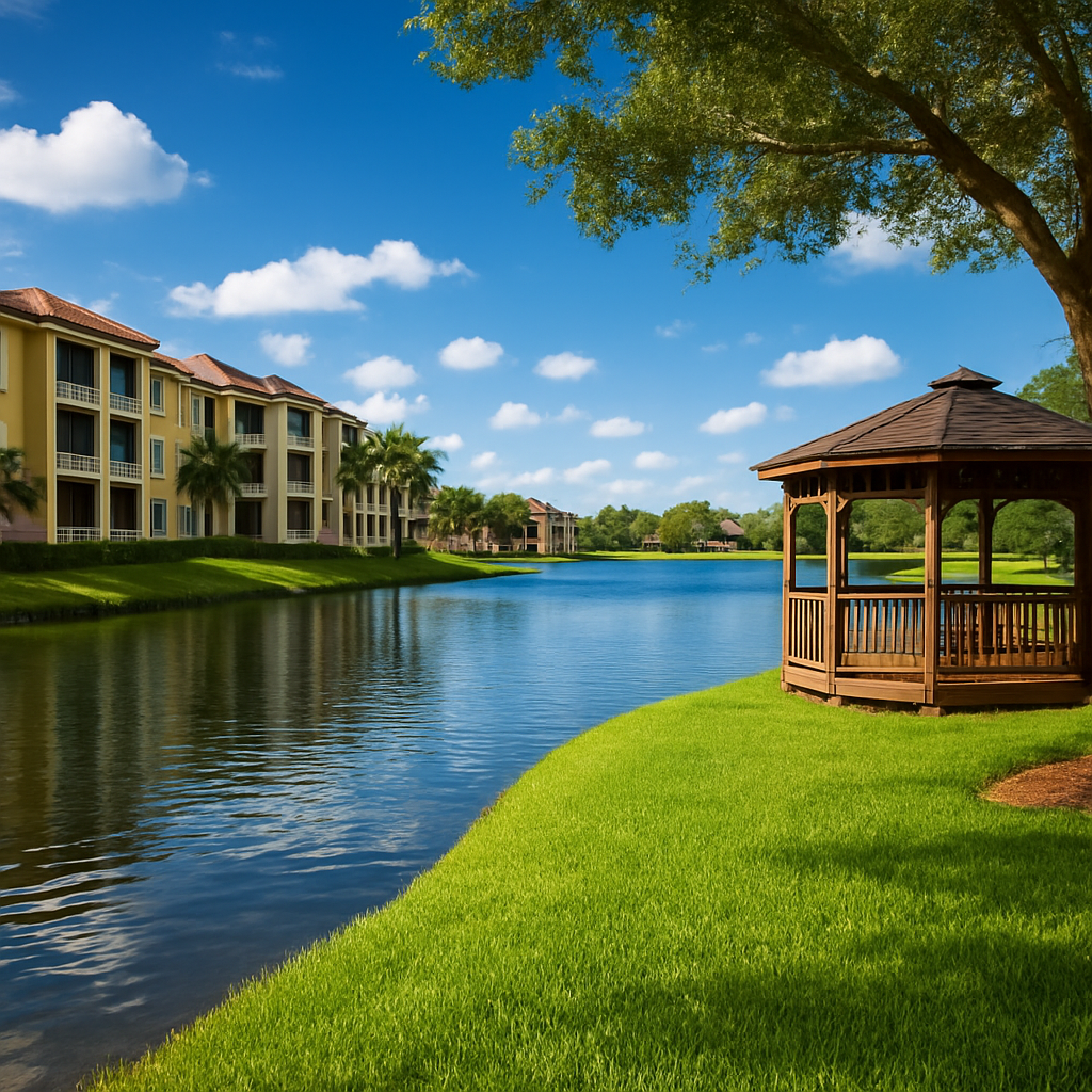 A serene pond with a wooden gazebo on the grass, surrounded by palm trees and yellow apartment buildings under a blue sky with scattered clouds.