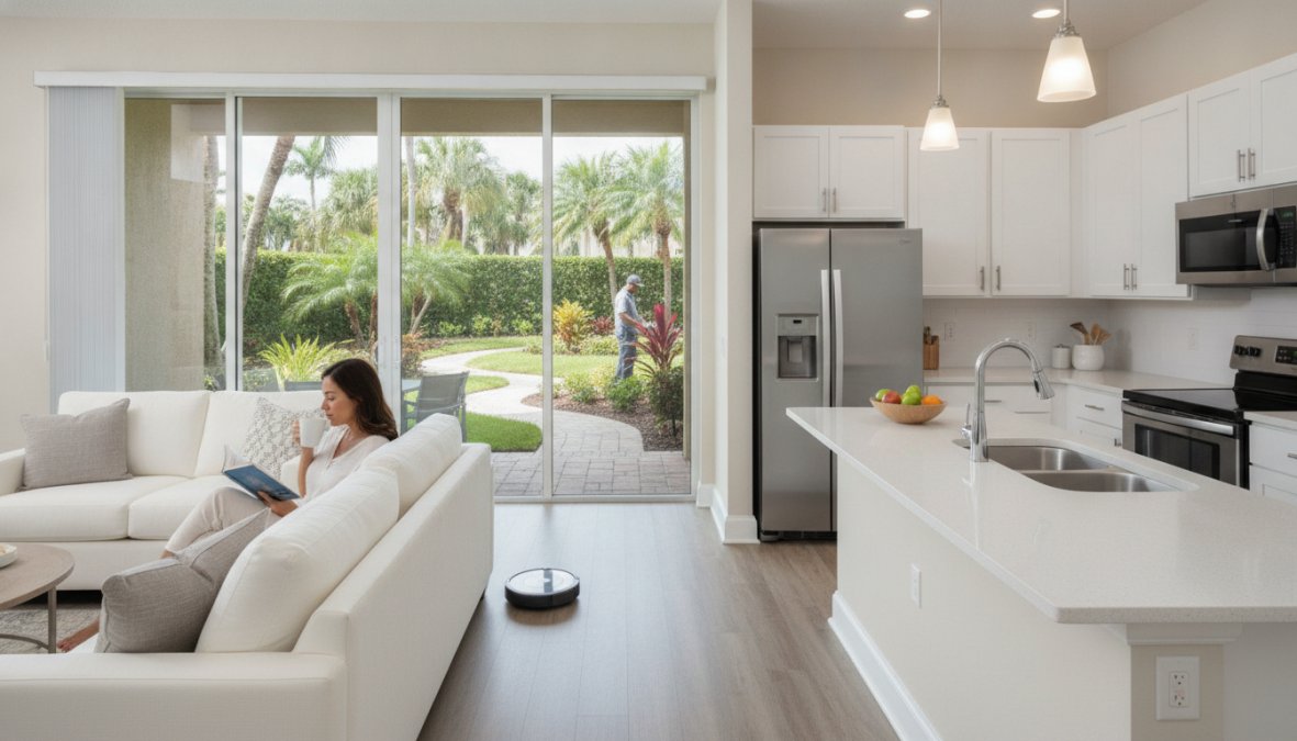 A woman reads on a white sofa in a bright, modern living room and kitchen, with large windows overlooking a garden. Embracing maintenance-free apartment living, she relaxes while a robot vacuum quietly cleans the floor nearby.