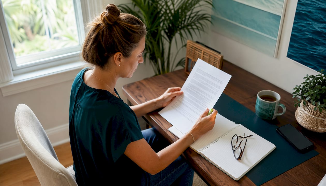 Woman reading lease agreement at home desk