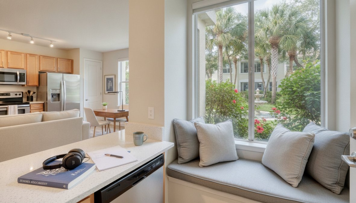 A bright kitchen with a window seat overlooks a lush garden with palm trees, reflecting the tranquil atmosphere of quiet apartments near FAU. On the counter are headphones, a book, papers, and a mug. The dining area and stainless steel appliances are visible in the background.