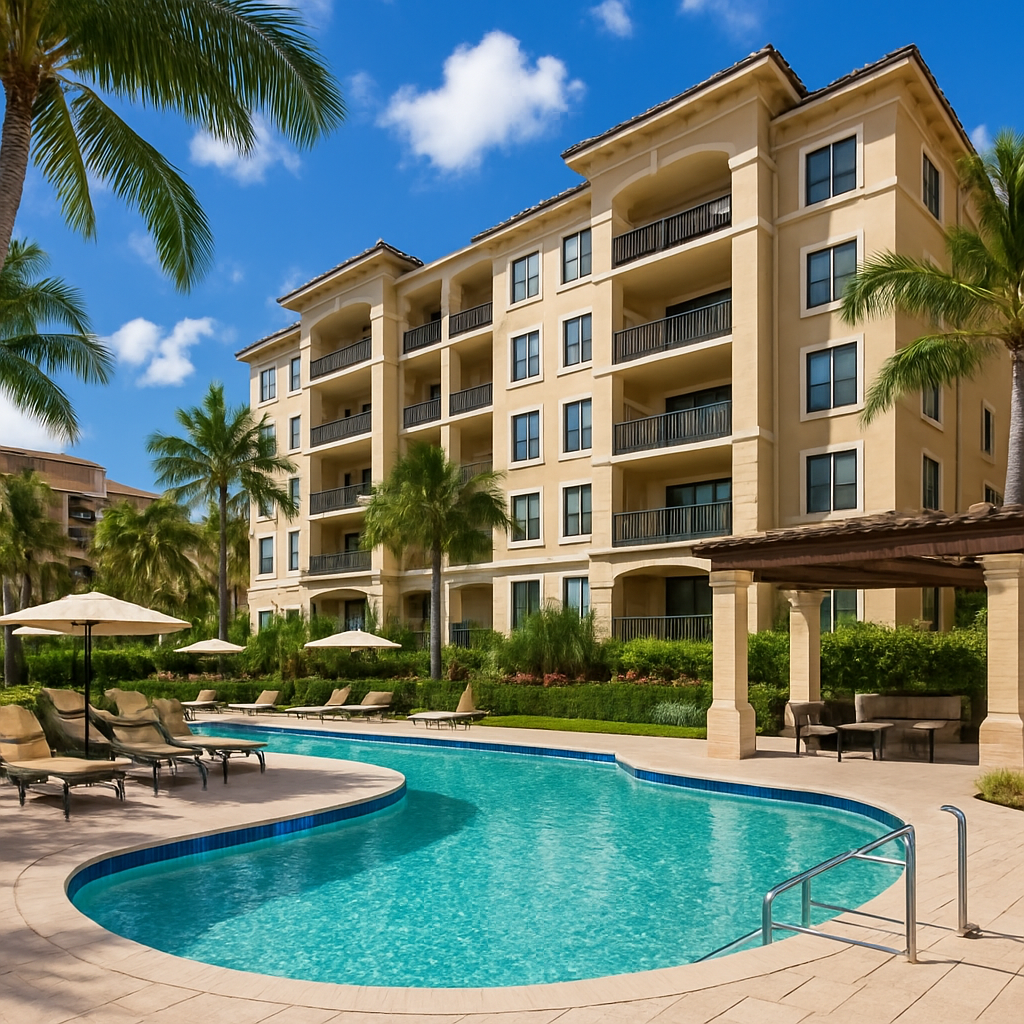 A modern apartment building with balconies is seen behind a curved swimming pool surrounded by lounge chairs, umbrellas, palm trees, and a shaded pergola. The sky is blue with scattered clouds.