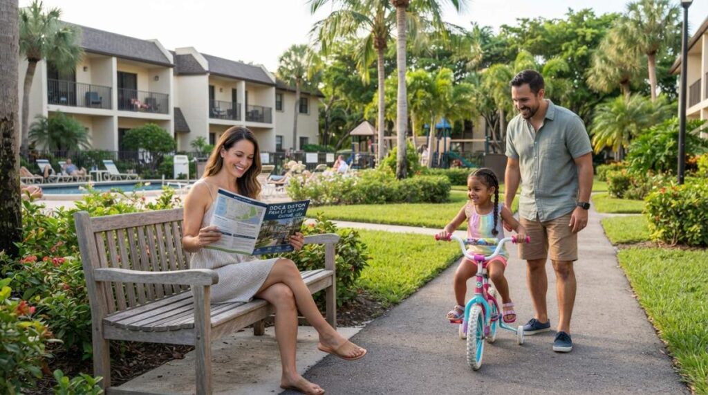 A woman sits on a bench reading a newspaper while a man helps a young girl ride a bicycle on a path at a sunny resort with lush greenery and pool in the background, capturing the kind of peaceful atmosphere that often prompts visitors to ask, "Is Boca Raton safe for families?.