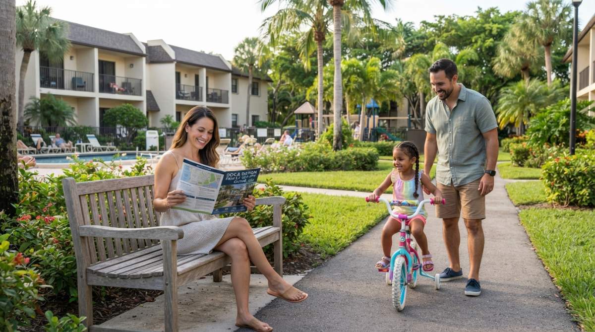 A woman sits on a bench reading a newspaper while a man helps a young girl ride a bicycle on a path at a sunny resort with lush greenery and pool in the background, capturing the kind of peaceful atmosphere that often prompts visitors to ask, "Is Boca Raton safe for families?.