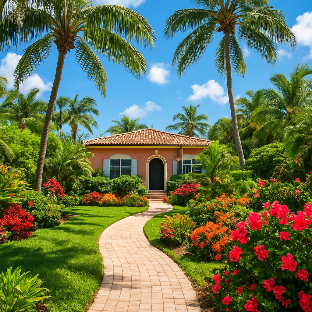 A small pink house with a tiled roof is surrounded by lush greenery, blooming flowers, and palm trees under a bright blue sky. A curved brick path leads to the front door.