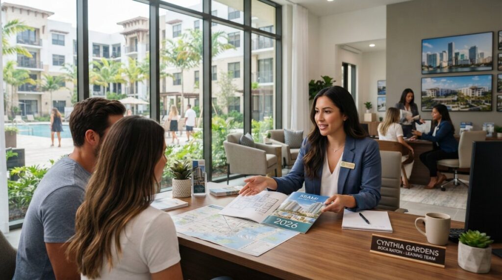 A real estate agent shows brochures to a couple in a modern office with large windows overlooking a pool and stylish apartment complexes in Miami, FL. People are talking in the background.