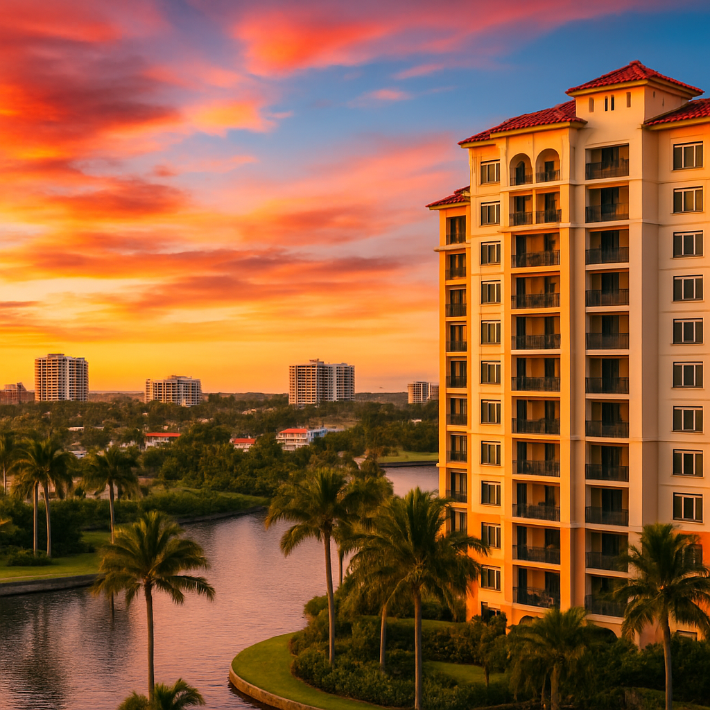 A tall, yellow apartment building with balconies stands by a river, surrounded by palm trees, under a vibrant orange and pink sunset sky in a tropical city.