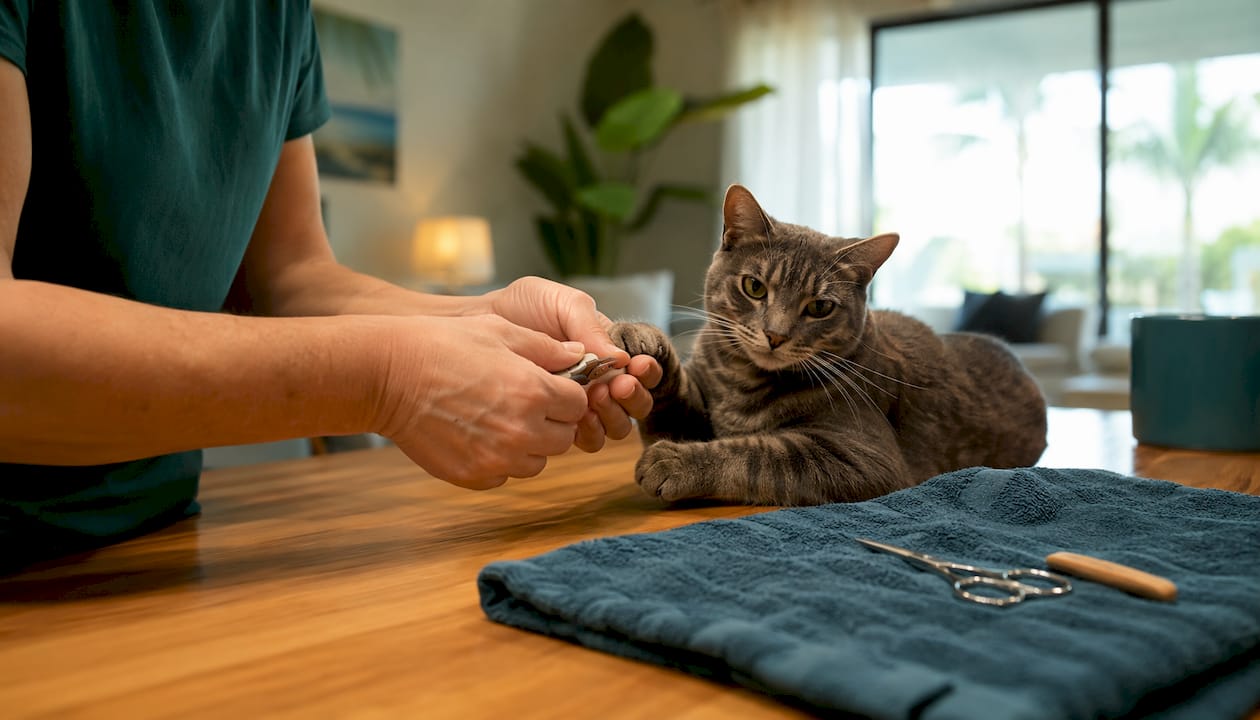 Hands trimming cat nails on bathroom counter