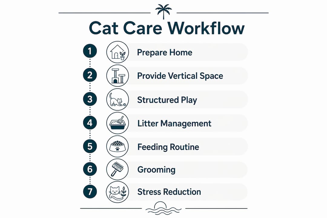 Infographic showing step-by-step apartment cat care workflow