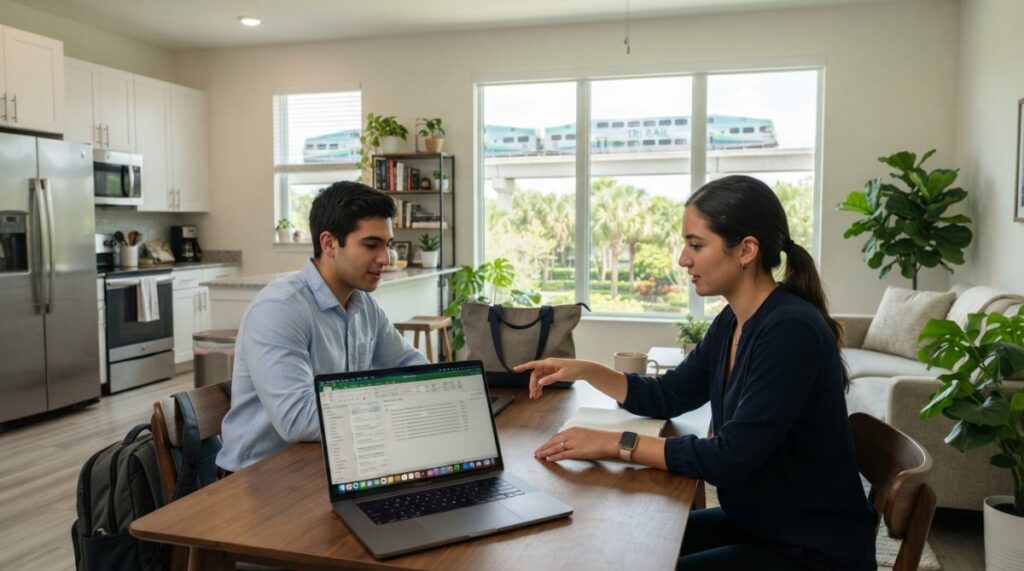 Two people sit at a table in a modern kitchen, discussing something while looking at a laptop. As a train passes outside the window, they enjoy the bright, airy space filled with plants—a perfect example of tri-rail accessible apartments designed for convenience and comfort.
