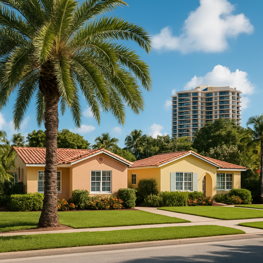 Two colorful single-story houses with red-tiled roofs sit behind a palm tree, with manicured lawns and bright flowers. A tall modern apartment building rises in the background against a blue sky with scattered clouds.