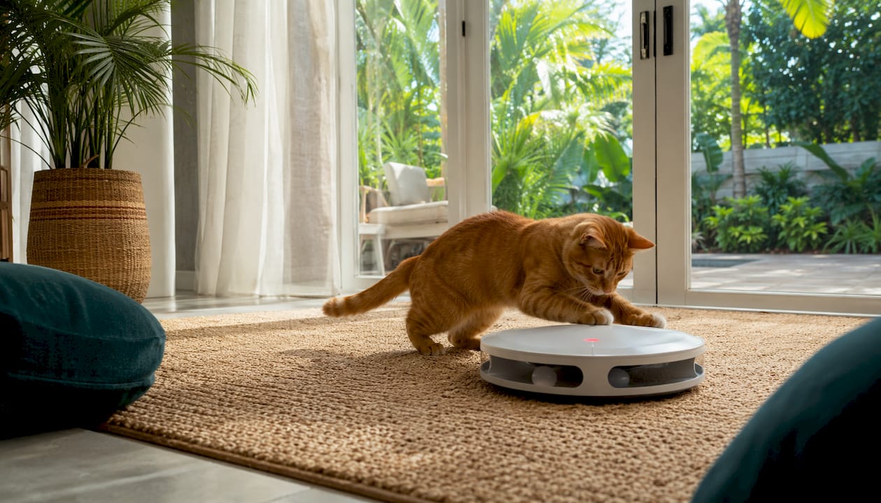 Cat playing with automated play device