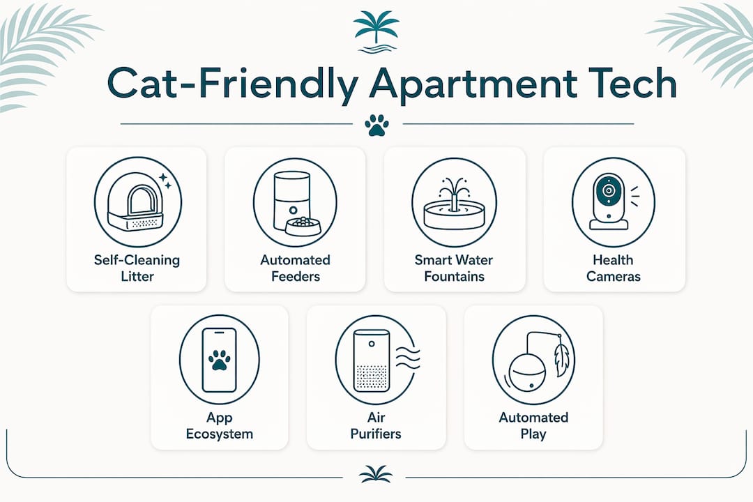 Infographic showing key tech features in cat apartments